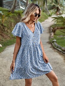 SHEIN VCAY Ditsy Floral Button Front Butterfly Sleeve Dress - Blue and White - View 7