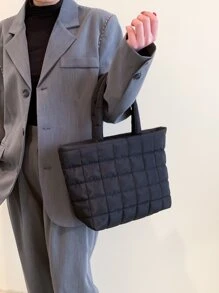 時尚刺繡線手提帆布袋，女士手提袋 - 黑色 - 查看 4