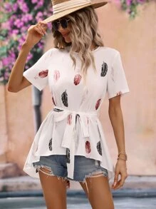 SHEIN Clasi Feather Print High Low Hem Belted Blouse