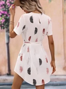 SHEIN Clasi Feather Print High Low Hem Belted Blouse