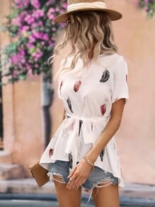 SHEIN Clasi Feather Print High Low Hem Belted Blouse