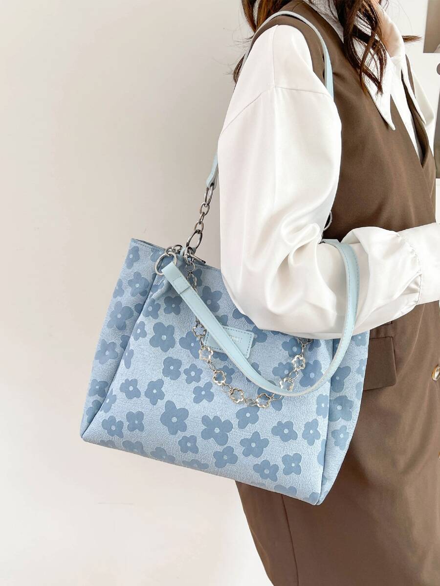 Túi Xách tay Nữ Hoa Hoa Lá thư Đôi tay cầm Đúng mốt - Màu xanh lam - Xem 1