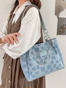 Túi Xách tay Nữ Hoa Hoa Lá thư Đôi tay cầm Đúng mốt - Màu xanh lam - Xem 2