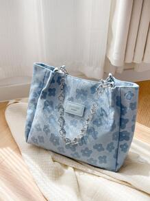 Túi Xách tay Nữ Hoa Hoa Lá thư Đôi tay cầm Đúng mốt - Màu xanh lam - Xem 4