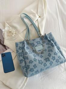 Túi Xách tay Nữ Hoa Hoa Lá thư Đôi tay cầm Đúng mốt - Màu xanh lam - Xem 5