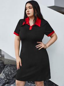 SHEIN EZwear 大碼拼接邊Polo領連衣裙 - 黑色 - 查看 3