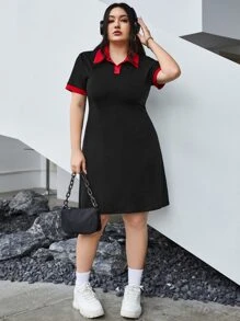 SHEIN EZwear 大碼拼接邊Polo領連衣裙 - 黑色 - 查看 4