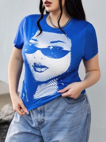 SHEIN EZwear Plus Figure Graphic Tee - Royal Blue - View 1