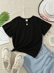 Girls Contrast Lace Flounce Sleeve Tee - Black - View 1