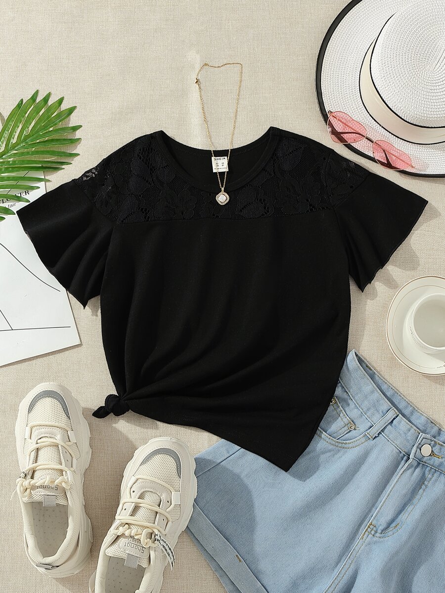 Girls Contrast Lace Flounce Sleeve Tee - Black - View 1