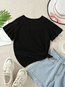 Girls Contrast Lace Flounce Sleeve Tee - Black - View 2