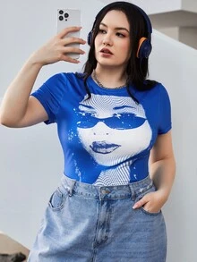 SHEIN EZwear Plus Figure Graphic Tee - Royal Blue - View 5