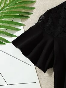 Girls Contrast Lace Flounce Sleeve Tee - Black - View 5