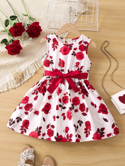 Young Girl Floral Print Keyhole Back Belted Dress Summer Holiday