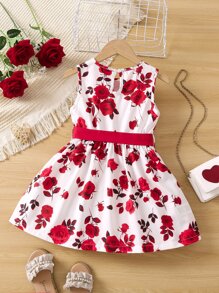 Young Girl Floral Print Keyhole Back Belted Dress Summer Holiday - Red and White - View 2