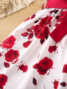 Young Girl Floral Print Keyhole Back Belted Dress Summer Holiday - Red and White - View 4