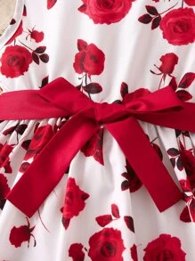 Young Girl Floral Print Keyhole Back Belted Dress Summer Holiday - Red and White - View 5