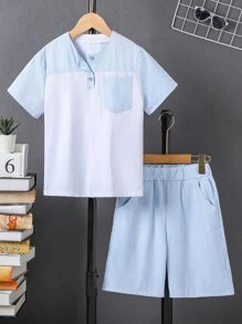 Boys Colourblock Pocket Patched Shirt & Shorts - Blue and White - View 1