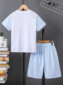 Boys Colourblock Pocket Patched Shirt & Shorts - Blue and White - View 2