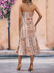 Breezaya 印花後背繫帶胸部褶皺荷葉邊掛脖連衣裙 - 杏色 - 查看 2