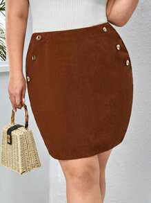 SHEIN Privé Plus High Waist Fake Button Skirt - Rust Brown - View 1