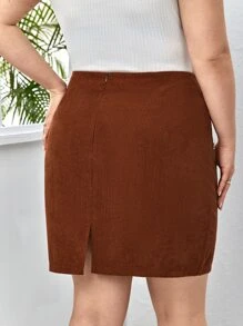SHEIN Privé Plus High Waist Fake Button Skirt - Rust Brown - View 2