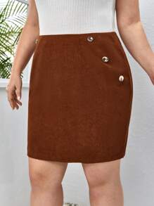 SHEIN Privé Plus High Waist Fake Button Skirt - Rust Brown - View 3