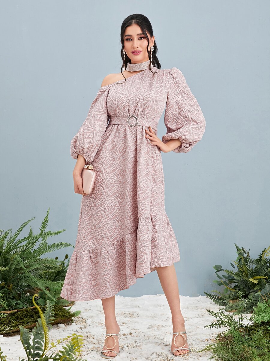 Modelyn Asymmetric Neck Beaded Detail Ruffle Hem Dress - Baby Pink - View 1