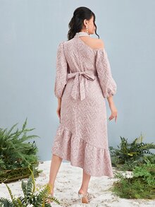 Modelyn Asymmetric Neck Beaded Detail Ruffle Hem Dress - Baby Pink - View 2