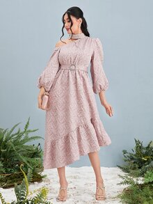 Modelyn Asymmetric Neck Beaded Detail Ruffle Hem Dress - Baby Pink - View 3