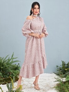 Modelyn Asymmetric Neck Beaded Detail Ruffle Hem Dress - Baby Pink - View 4