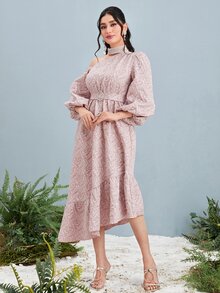 Modelyn Asymmetric Neck Beaded Detail Ruffle Hem Dress - Baby Pink - View 6