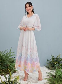 Modelyn Floral Print Pearls Detail Lantern Sleeve Chiffon Dress - White - View 1