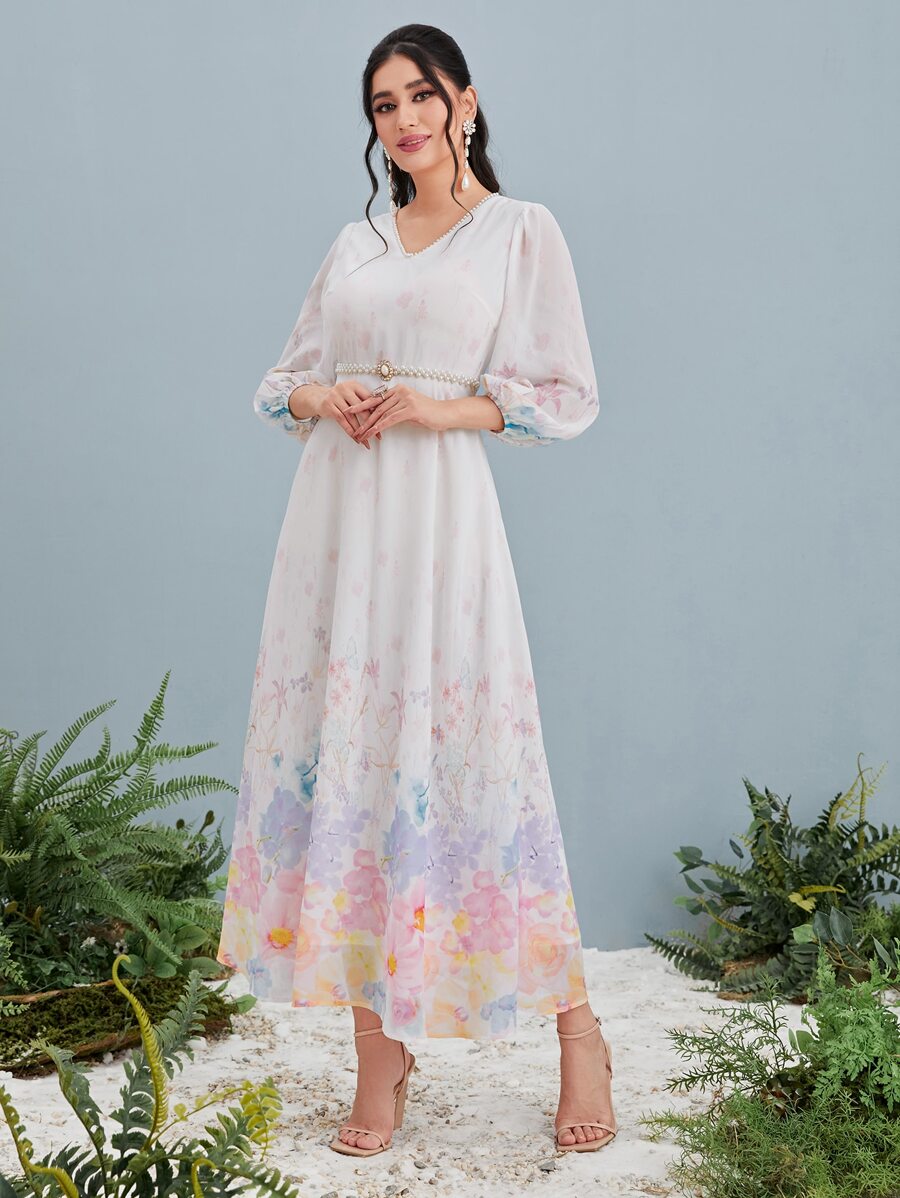 Modelyn Floral Print Pearls Detail Lantern Sleeve Chiffon Dress - White - View 1