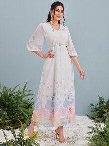 Modelyn Floral Print Pearls Detail Lantern Sleeve Chiffon Dress - White - View 5