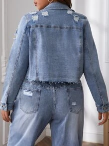 SHEIN Plus Ripped Flap Detail Crop Denim Jacket - Light Wash - View 2