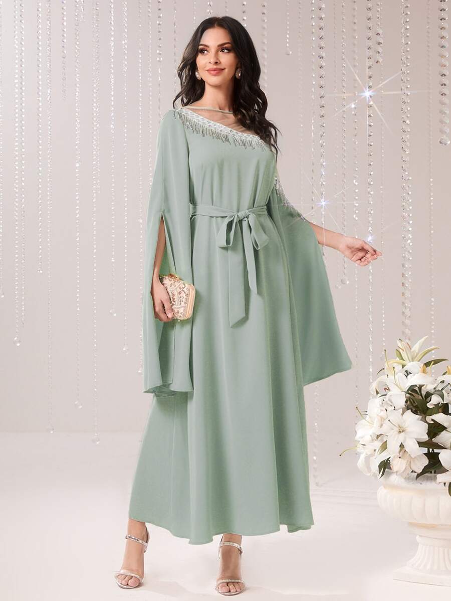Modelyn 一字肩流蘇邊水鑽細節開衩袖繫腰帶洋裝 - 薄荷綠 - 查看 1