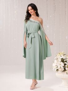 Modelyn 一字肩流蘇邊水鑽細節開衩袖繫腰帶洋裝 - 薄荷綠 - 查看 4