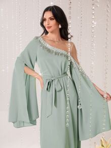 Modelyn 一字肩流蘇邊水鑽細節開衩袖繫腰帶洋裝 - 薄荷綠 - 查看 5