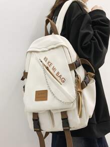 字母貼片鏈條裝飾功能背包書包，適合畢業生、青少年女孩、新生、大二、大三、大學、大學和高中，非常適合戶外、旅行和返校 - 白色 - 查看 1