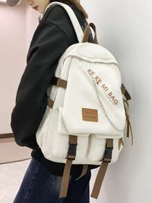 字母貼片鏈條裝飾功能背包書包，適合畢業生、青少年女孩、新生、大二、大三、大學、大學和高中，非常適合戶外、旅行和返校 - 白色 - 查看 4