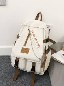 字母貼片鏈條裝飾功能背包書包，適合畢業生、青少年女孩、新生、大二、大三、大學、大學和高中，非常適合戶外、旅行和返校 - 白色 - 查看 6