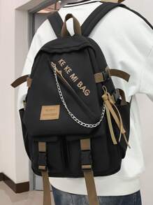 字母貼片鏈條裝飾功能背包書包，適合畢業生、青少年女孩、新生、大二、大三、大學、大學和高中，非常適合戶外、旅行和返校 - 黑色 - 查看 1