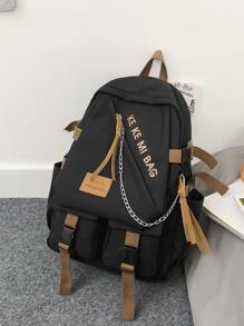 字母貼片鏈條裝飾功能背包書包，適合畢業生、青少年女孩、新生、大二、大三、大學、大學和高中，非常適合戶外、旅行和返校 - 黑色 - 查看 3