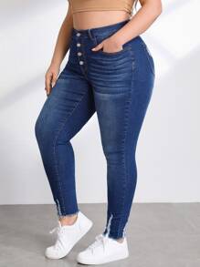 SHEIN Essnce Quần Denim kích thước lớn Hem thô Nút phía trước màu trơn - Rửa tối - Xem 4