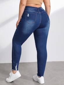 SHEIN Essnce Quần Denim kích thước lớn Hem thô Nút phía trước màu trơn - Rửa tối - Xem 2
