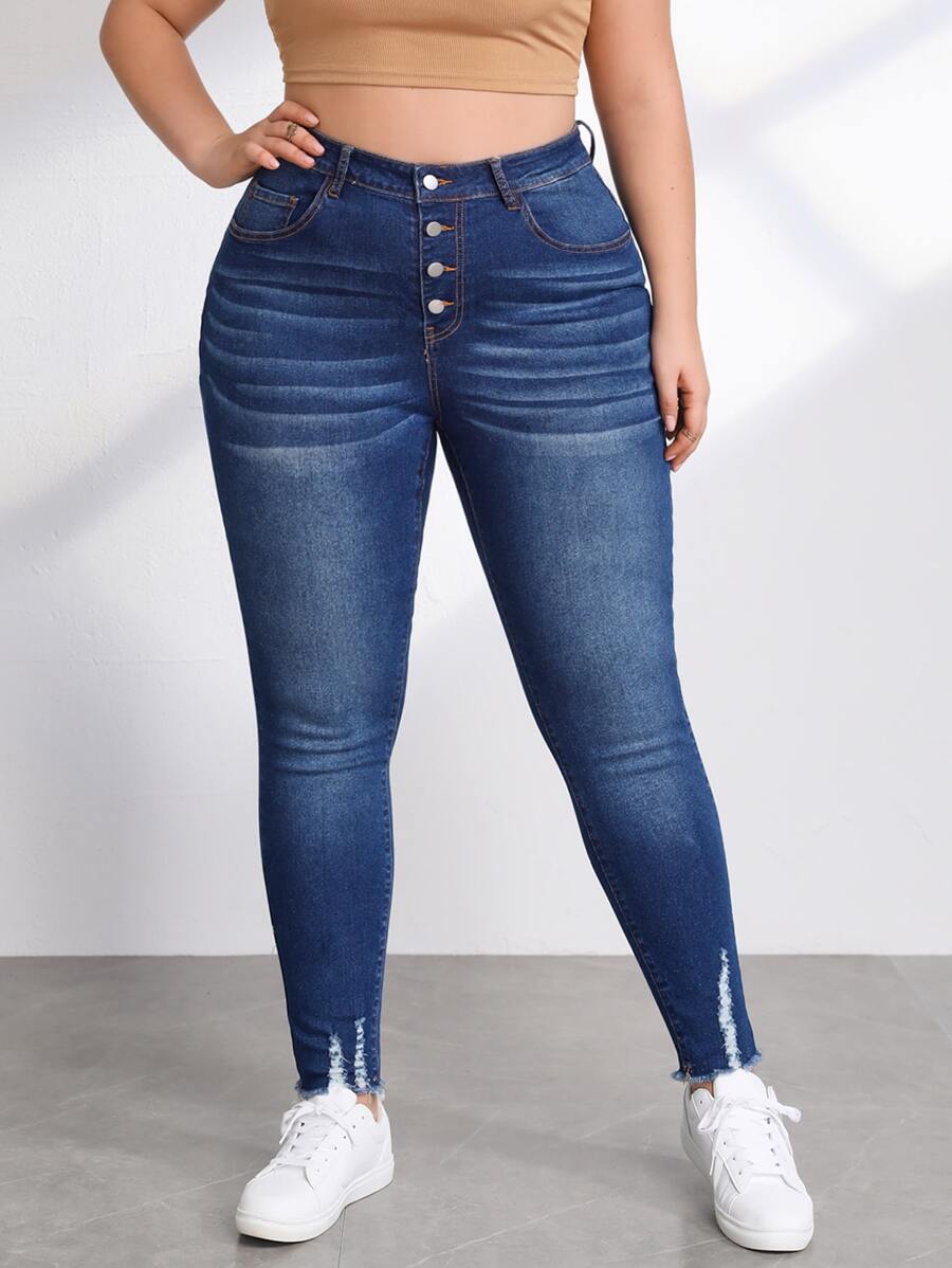 SHEIN Essnce Quần Denim kích thước lớn Hem thô Nút phía trước màu trơn - Rửa tối - Xem 1