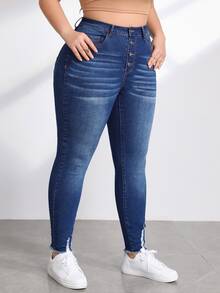 SHEIN Essnce Quần Denim kích thước lớn Hem thô Nút phía trước màu trơn - Rửa tối - Xem 6