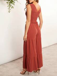 SHEIN Clasi Solid Shirred Frill Trim Top & Wide Leg Trousers - Red - View 2