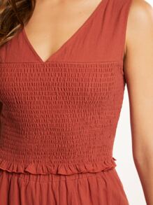 SHEIN Clasi Solid Shirred Frill Trim Top & Wide Leg Trousers - Red - View 4